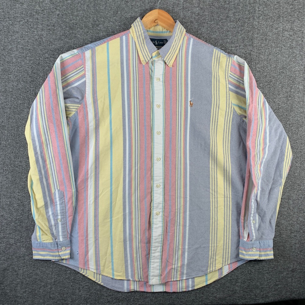 VTG Polo Ralph Lauren Oxford Shirt Men XL Pastel Stripe Preppy 90's Colorblock